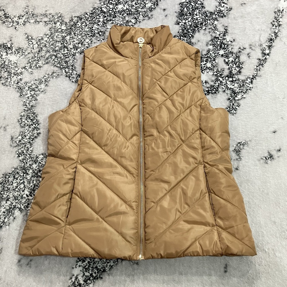 Michael Michael Kors Womens M Tan Quilted Puffer Vest Full Zip Lightweight